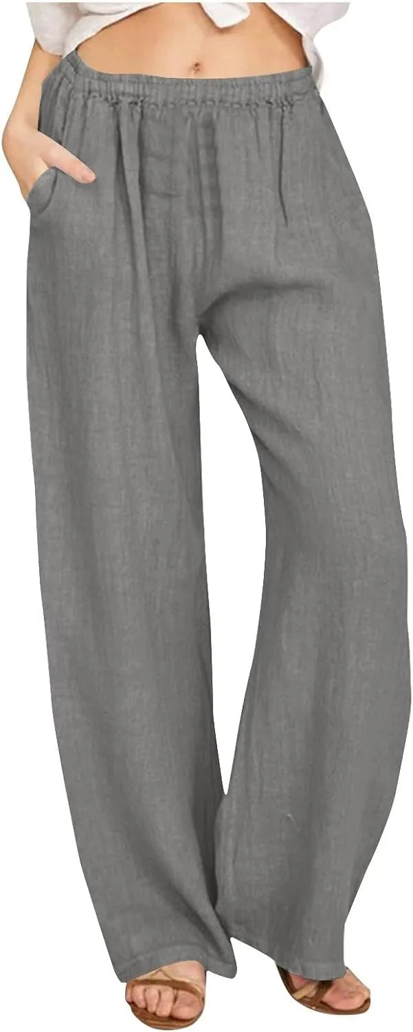 Cotton Linen Pants for Women Casual Summer Elastic High Waist Pants Straight Wide Leg Pants Baggy Loose Fit Trousers
