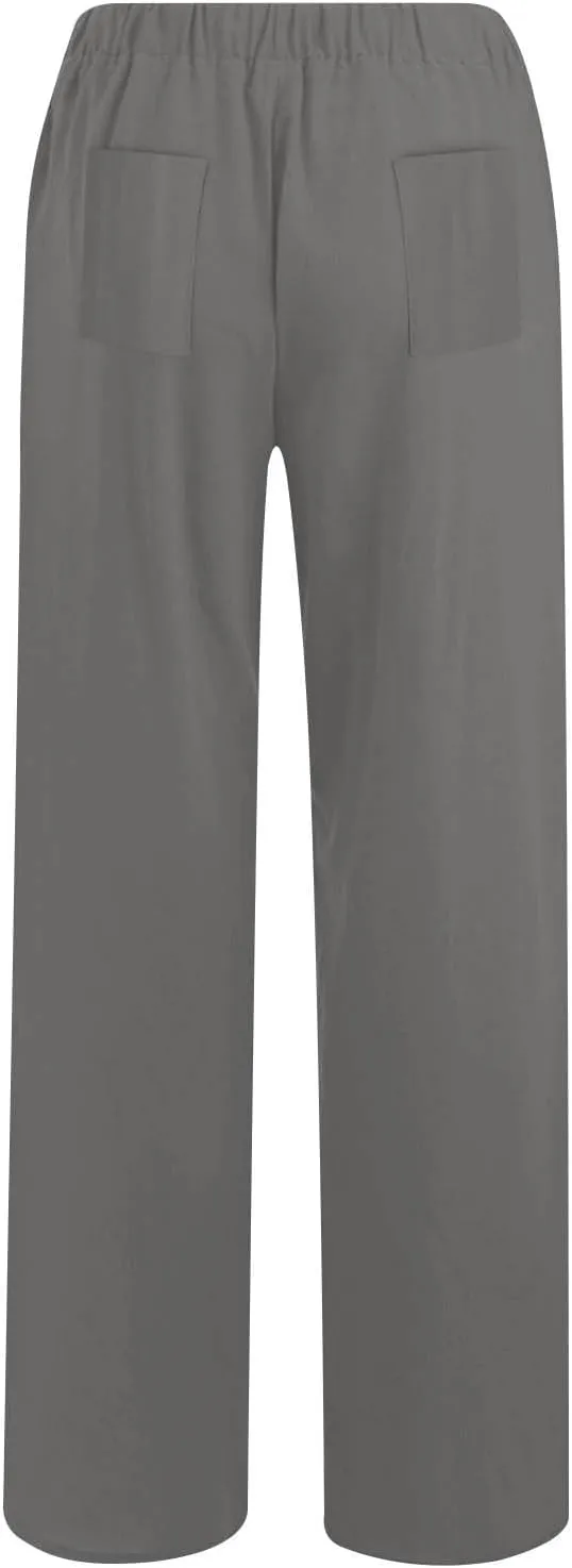 Cotton Linen Pants for Women Casual Summer Elastic High Waist Pants Straight Wide Leg Pants Baggy Loose Fit Trousers