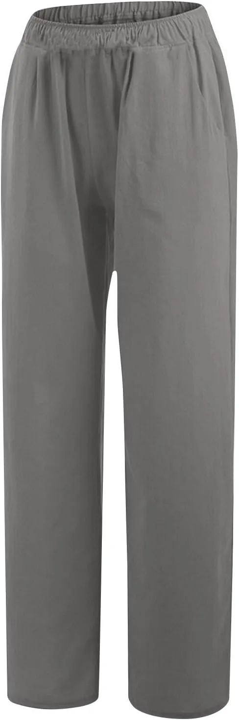 Cotton Linen Pants for Women Casual Summer Elastic High Waist Pants Straight Wide Leg Pants Baggy Loose Fit Trousers