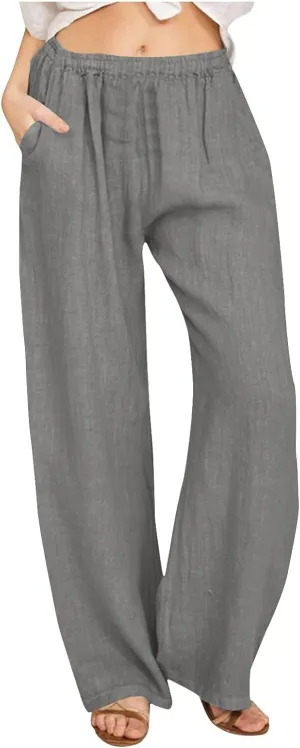 Cotton Linen Pants for Women Casual Summer Elastic High Waist Pants Straight Wide Leg Pants Baggy Loose Fit Trousers