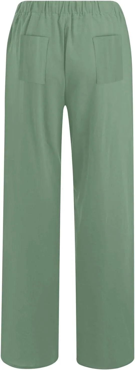 Cotton Linen Pants for Women Casual Summer Elastic High Waist Pants Straight Wide Leg Pants Baggy Loose Fit Trousers