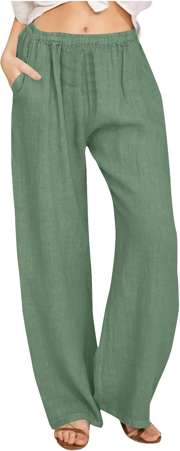 Cotton Linen Pants for Women Casual Summer Elastic High Waist Pants Straight Wide Leg Pants Baggy Loose Fit Trousers