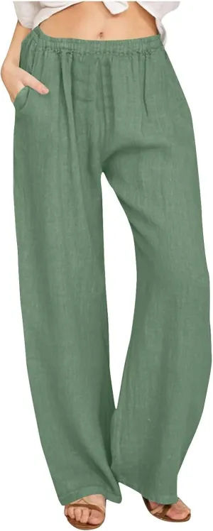 Cotton Linen Pants for Women Casual Summer Elastic High Waist Pants Straight Wide Leg Pants Baggy Loose Fit Trousers