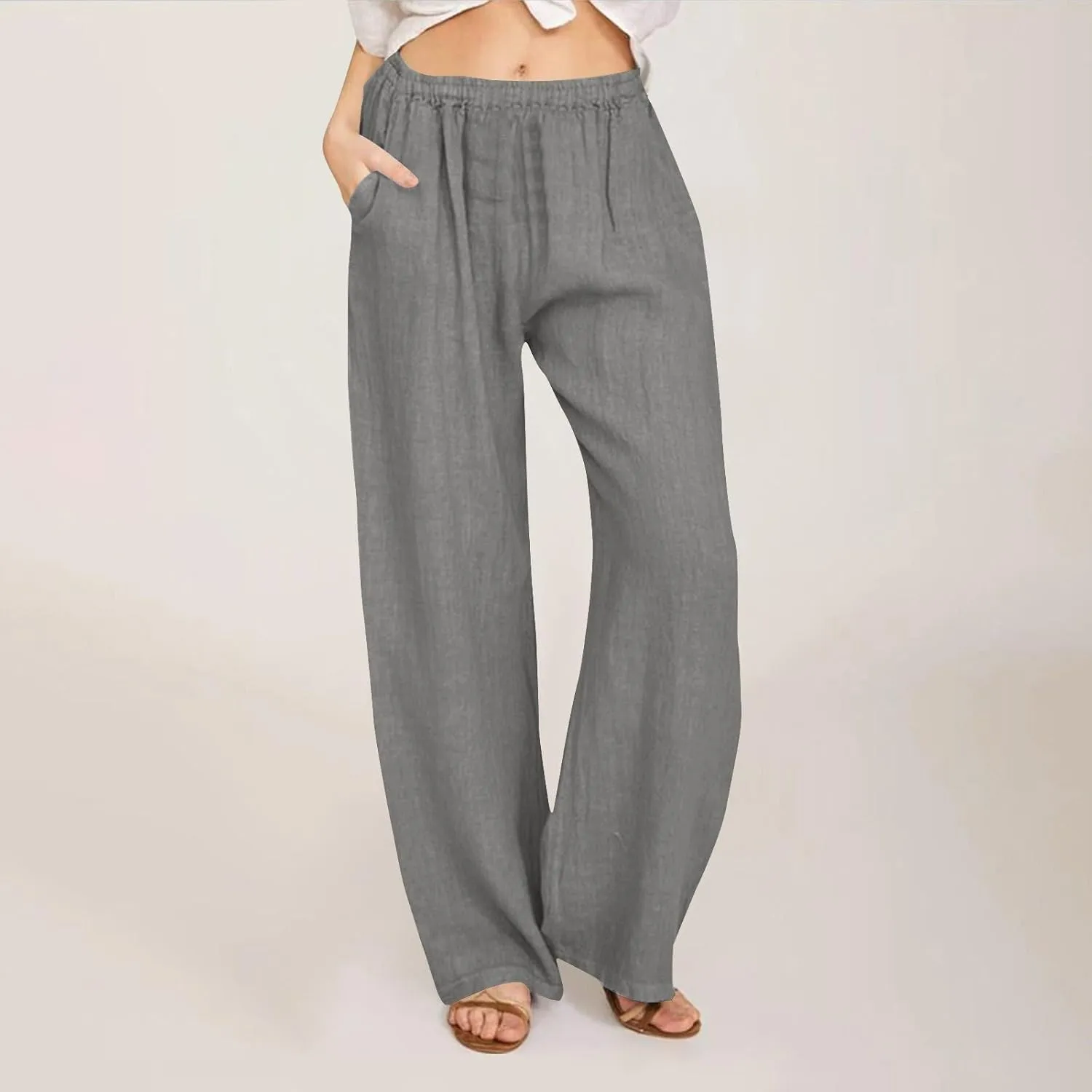 Cotton Linen Pants for Women Casual Summer Elastic High Waist Pants Straight Wide Leg Pants Baggy Loose Fit Trousers