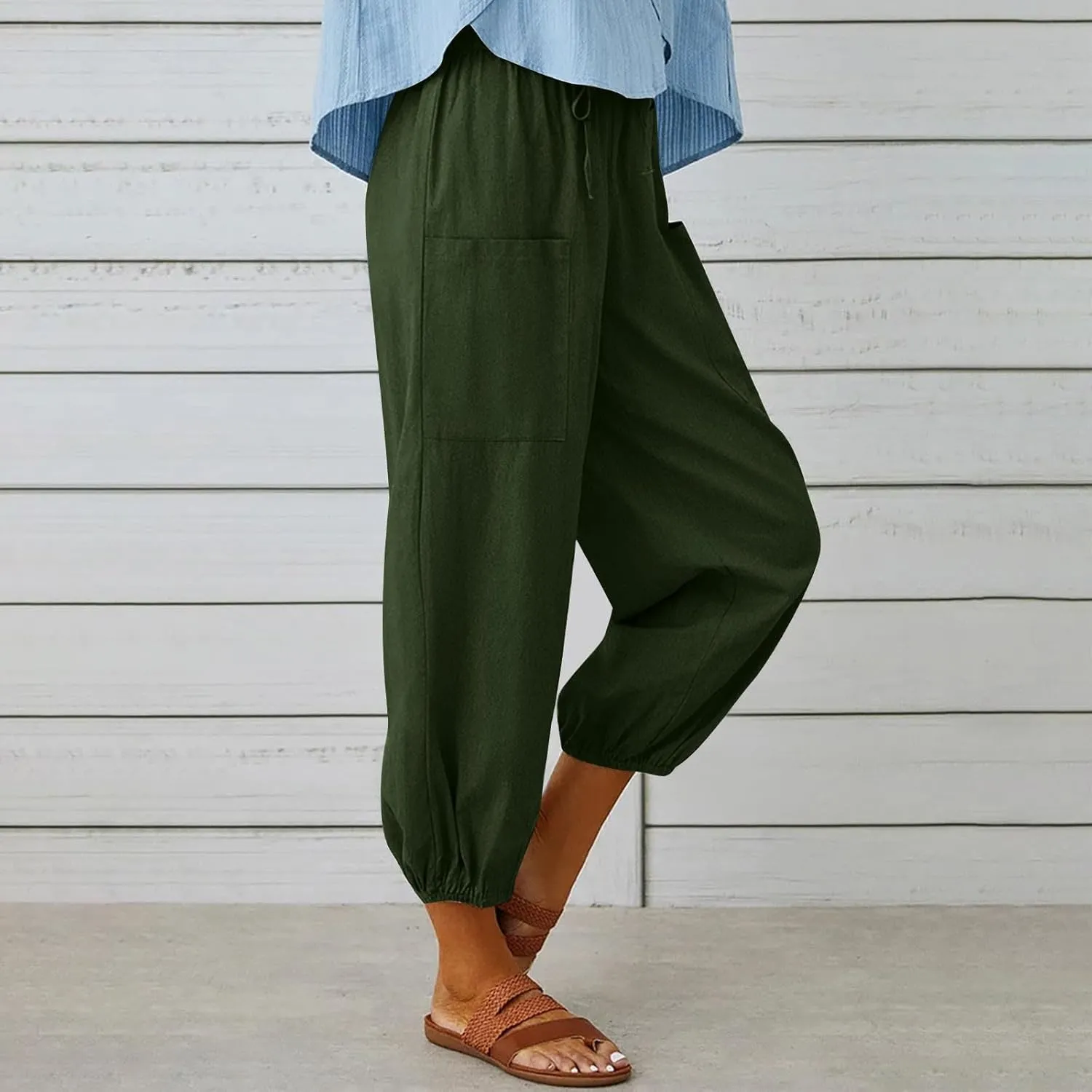Cotton Linen Pants for Women Drawstring Elastic Waist Trousers Summer Solid Business Casual Gauze Pant Beach Clothes