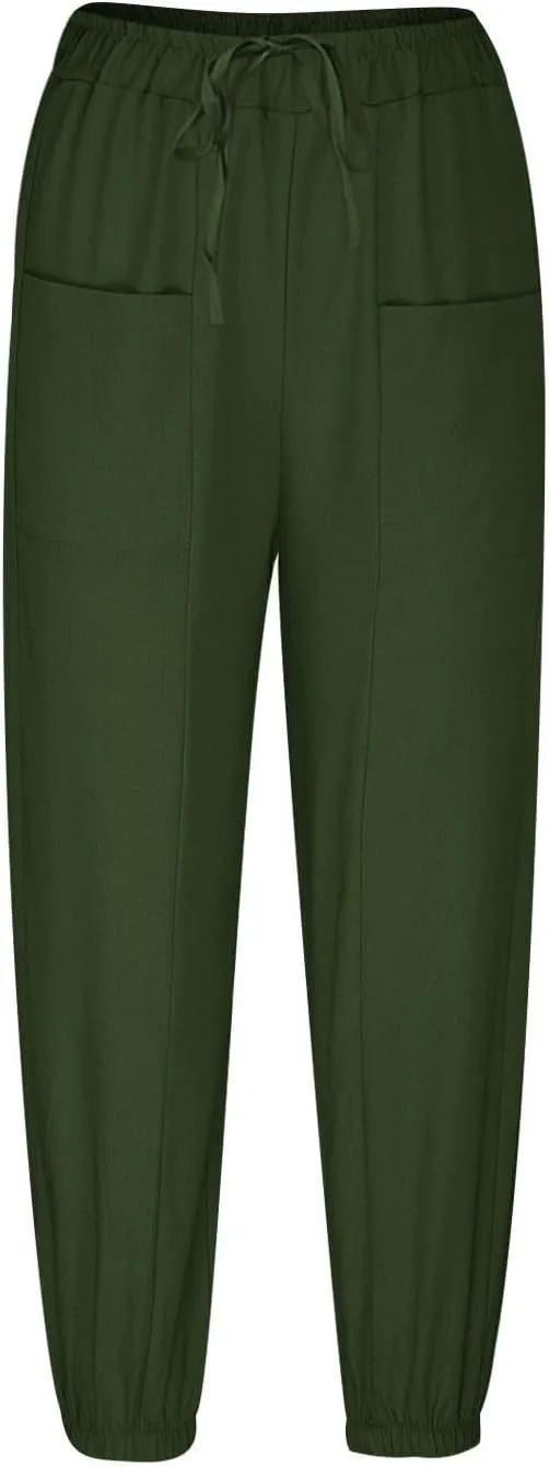 Cotton Linen Pants for Women Drawstring Elastic Waist Trousers Summer Solid Business Casual Gauze Pant Beach Clothes