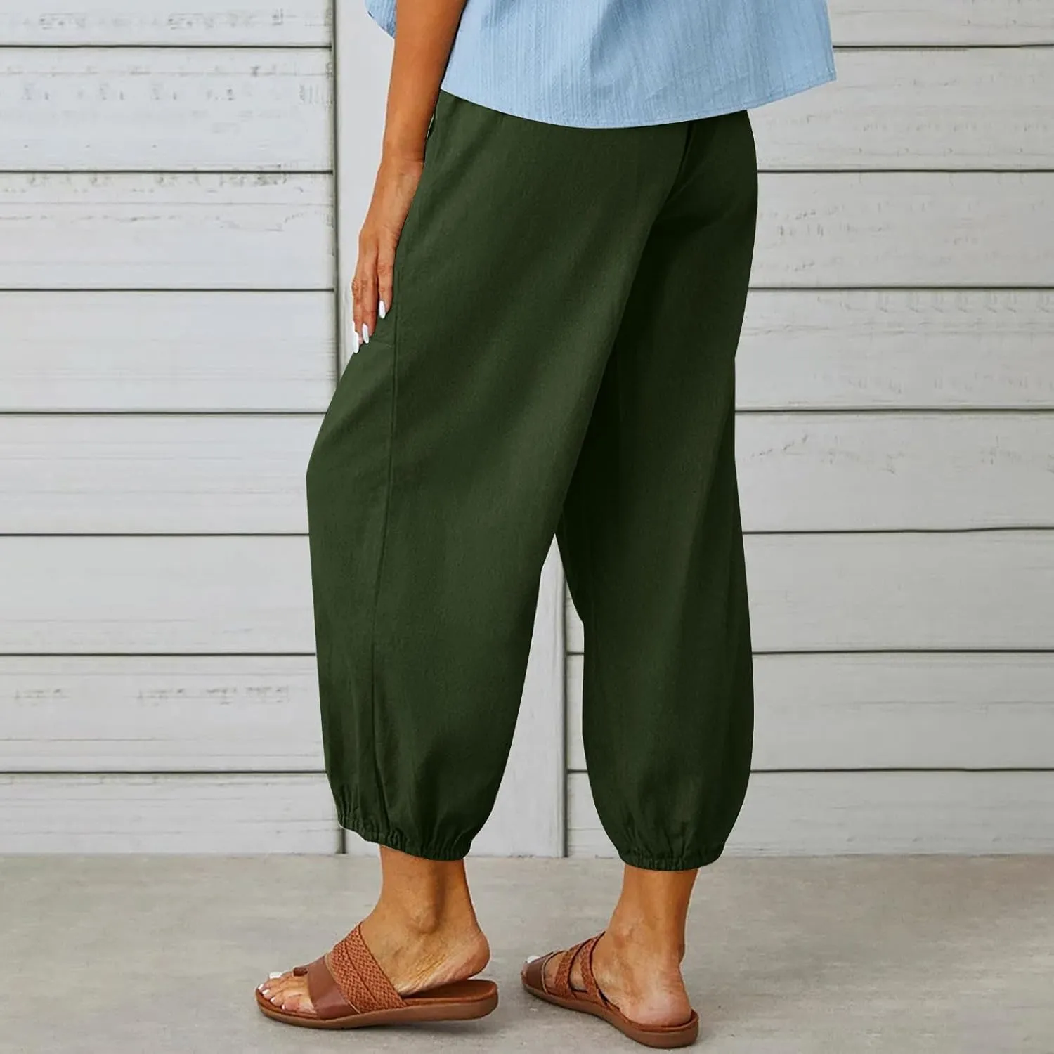 Cotton Linen Pants for Women Drawstring Elastic Waist Trousers Summer Solid Business Casual Gauze Pant Beach Clothes