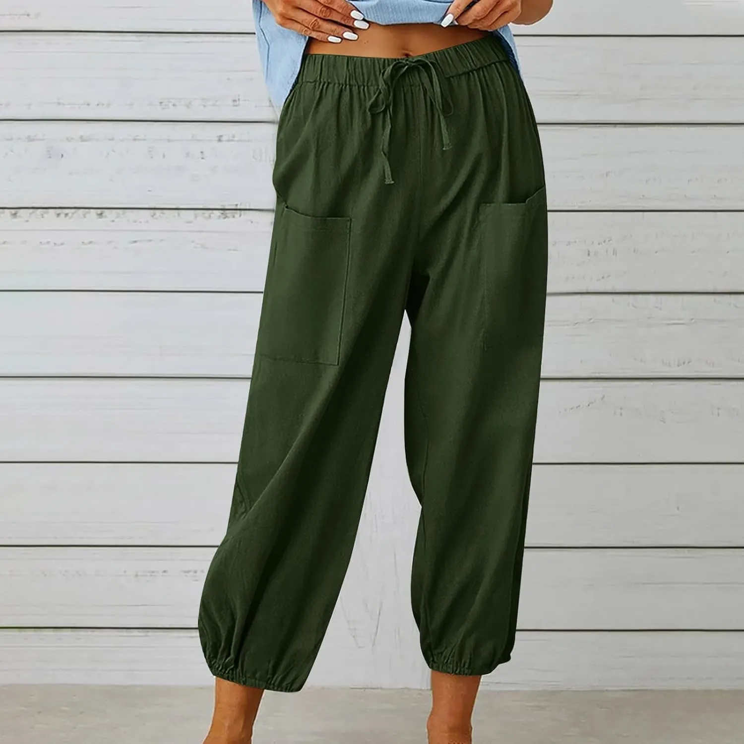 Cotton Linen Pants for Women Drawstring Elastic Waist Trousers Summer Solid Business Casual Gauze Pant Beach Clothes
