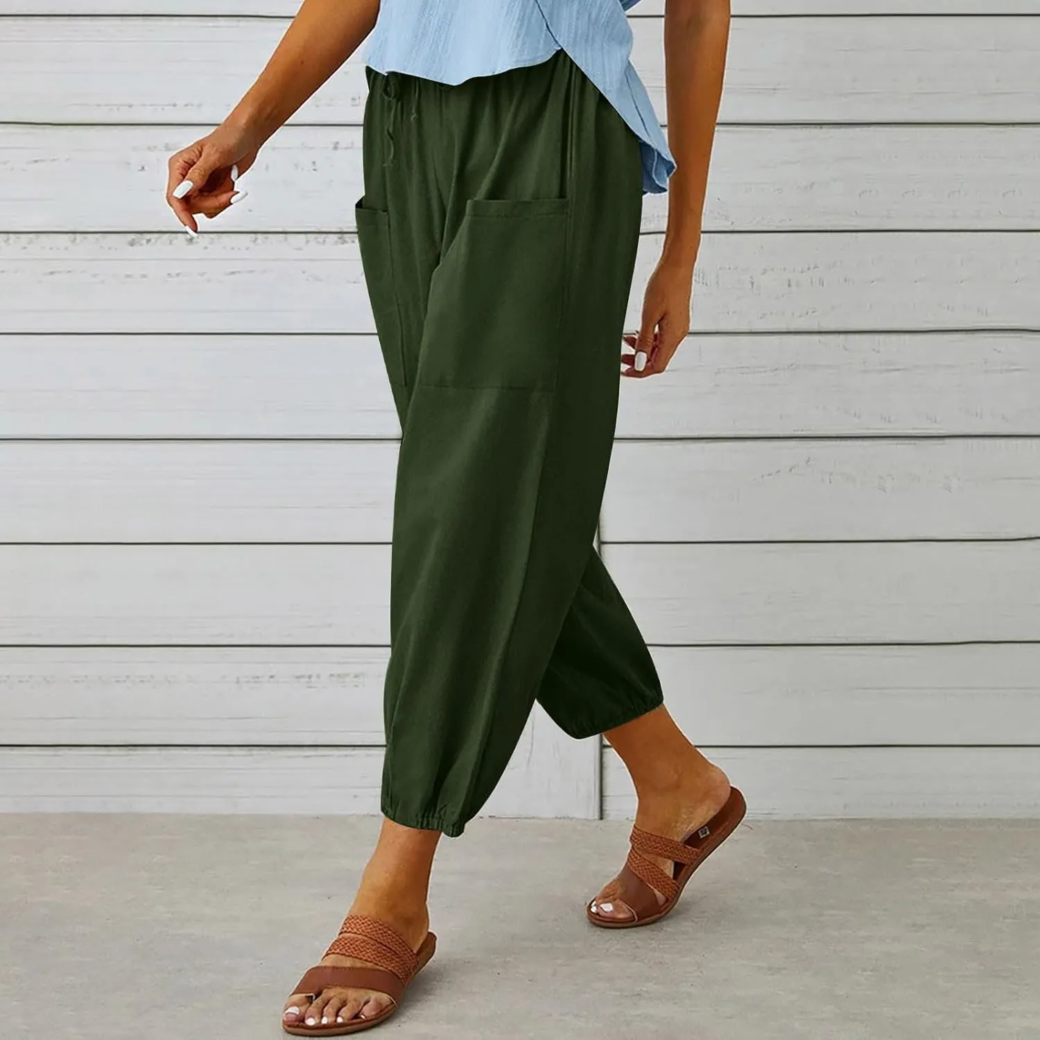 Cotton Linen Pants for Women Drawstring Elastic Waist Trousers Summer Solid Business Casual Gauze Pant Beach Clothes