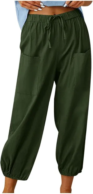 Cotton Linen Pants for Women Drawstring Elastic Waist Trousers Summer Solid Business Casual Gauze Pant Beach Clothes