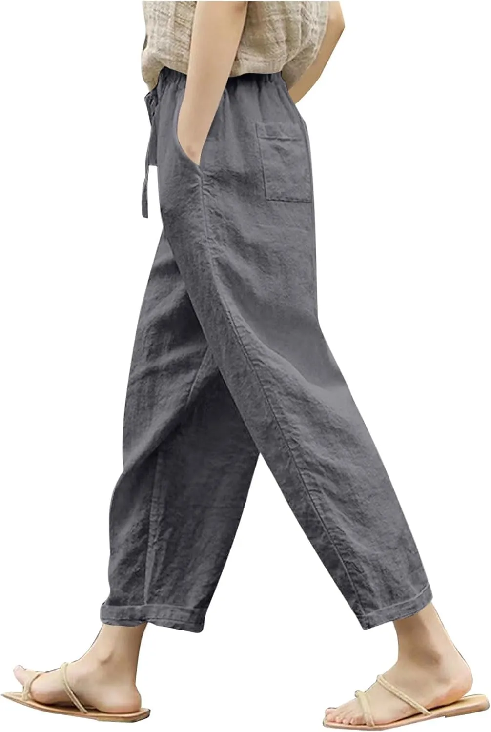 Cotton Linen Pants for Women Wide Leg Cropped Lounge Trouser Drawstring Elastic Waist Summer Beach Pant with Pockets