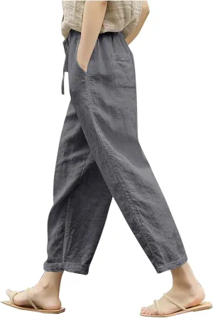 Cotton Linen Pants for Women Wide Leg Cropped Lounge Trouser Drawstring Elastic Waist Summer Beach Pant with Pockets