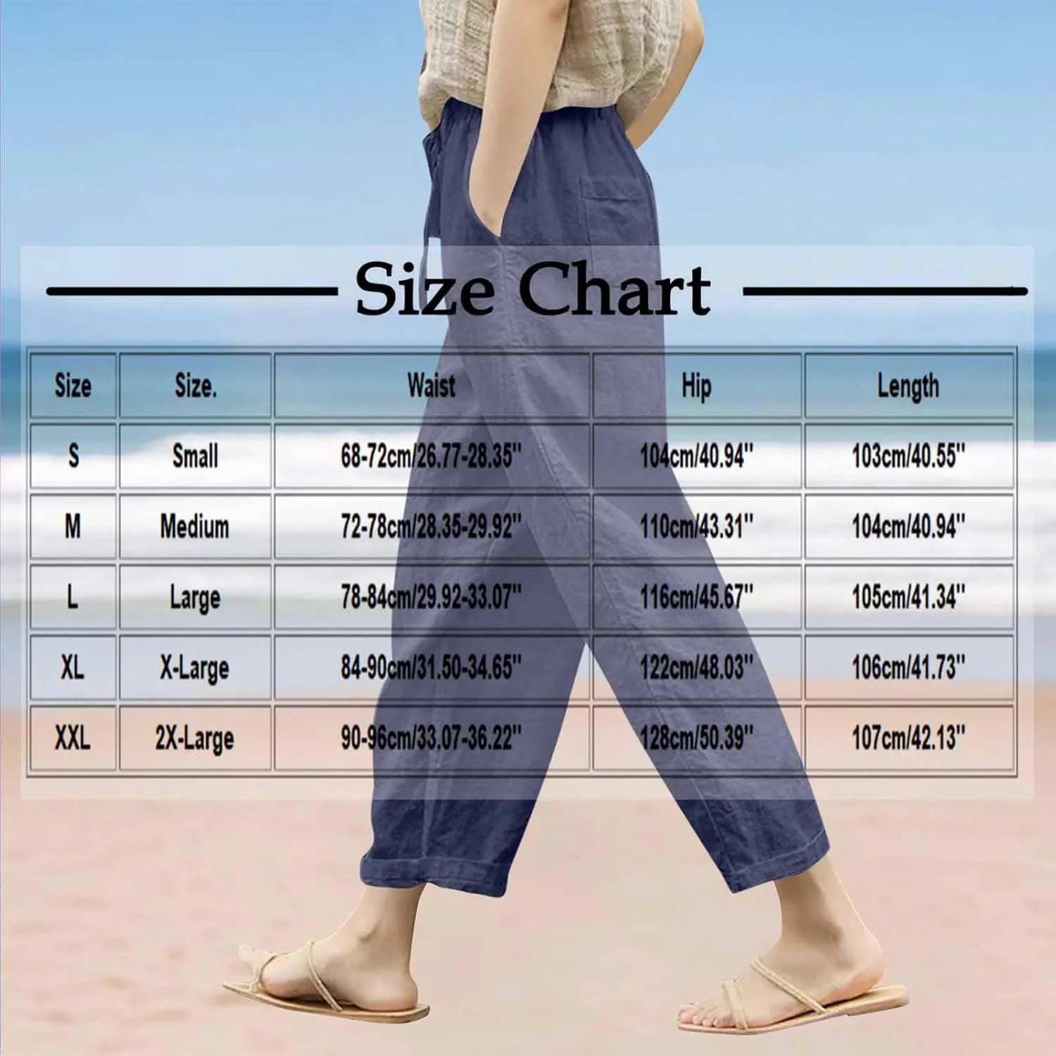 Cotton Linen Pants for Women Wide Leg Cropped Lounge Trouser Drawstring Elastic Waist Summer Beach Pant with Pockets