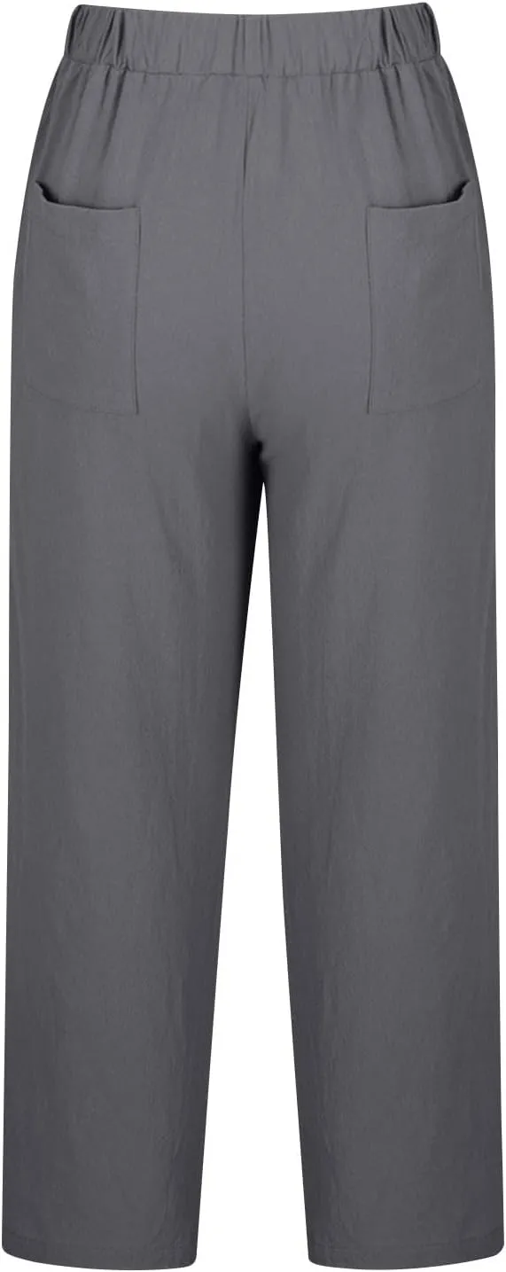Cotton Linen Pants for Women Wide Leg Cropped Lounge Trouser Drawstring Elastic Waist Summer Beach Pant with Pockets