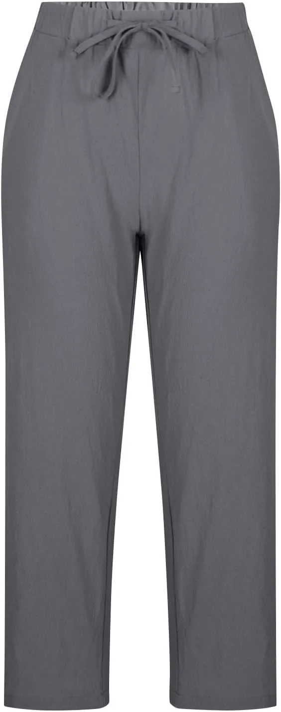 Cotton Linen Pants for Women Wide Leg Cropped Lounge Trouser Drawstring Elastic Waist Summer Beach Pant with Pockets
