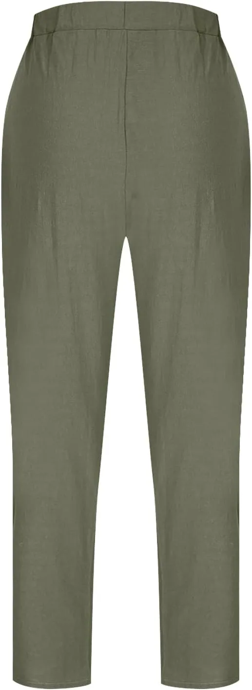 Cotton Linen Pants for Women Wide Leg Lounge Trousers Elastic High Waist Casual Summer Beach Pants Vacation Outfits