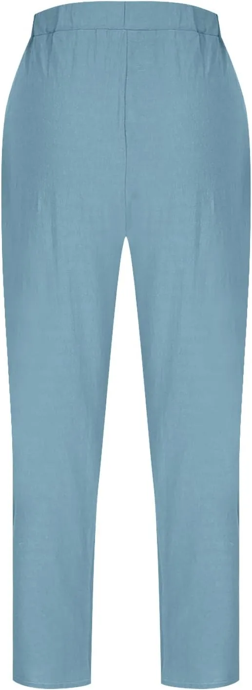 Cotton Linen Pants for Women Wide Leg Lounge Trousers Elastic High Waist Casual Summer Beach Pants Vacation Outfits