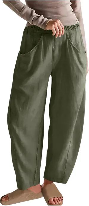 Cotton Linen Pants for Women Wide Leg Lounge Trousers Elastic High Waist Casual Summer Beach Pants Vacation Outfits
