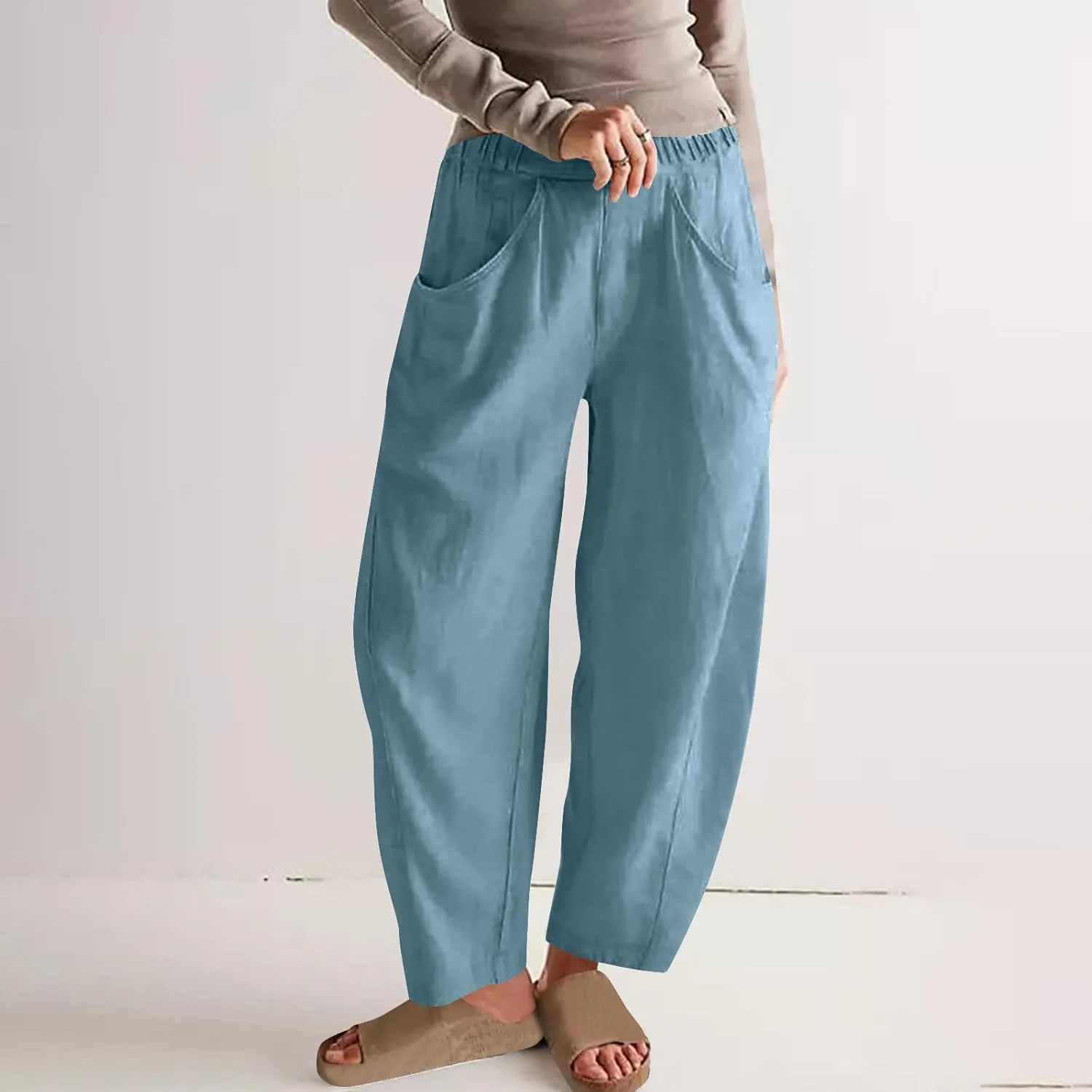 Cotton Linen Pants for Women Wide Leg Lounge Trousers Elastic High Waist Casual Summer Beach Pants Vacation Outfits