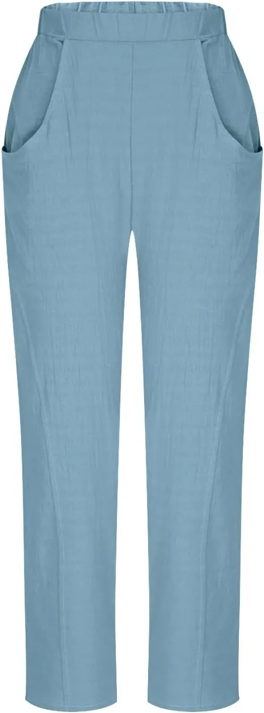 Cotton Linen Pants for Women Wide Leg Lounge Trousers Elastic High Waist Casual Summer Beach Pants Vacation Outfits