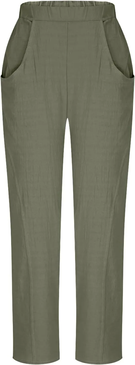 Cotton Linen Pants for Women Wide Leg Lounge Trousers Elastic High Waist Casual Summer Beach Pants Vacation Outfits