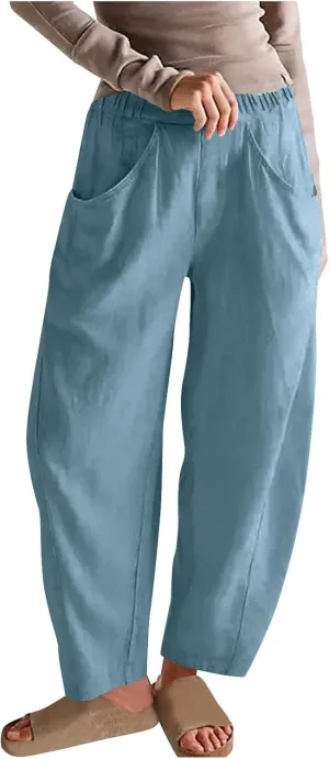 Cotton Linen Pants for Women Wide Leg Lounge Trousers Elastic High Waist Casual Summer Beach Pants Vacation Outfits