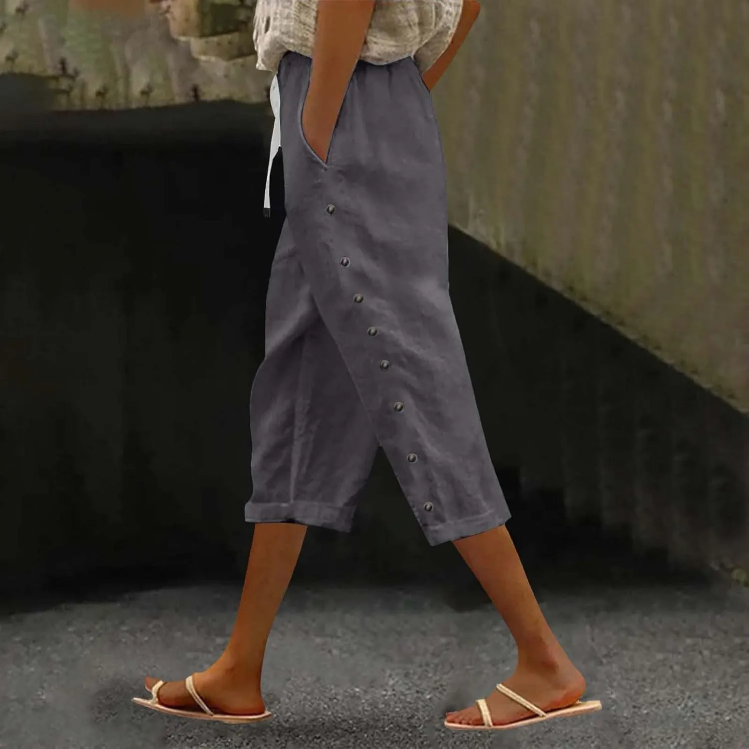 Cotton Linen Pants Women Cotton Linen Elastic Seven Pants Beach Casual Pants Linen Casual Elastic Waist Comfy Trousers