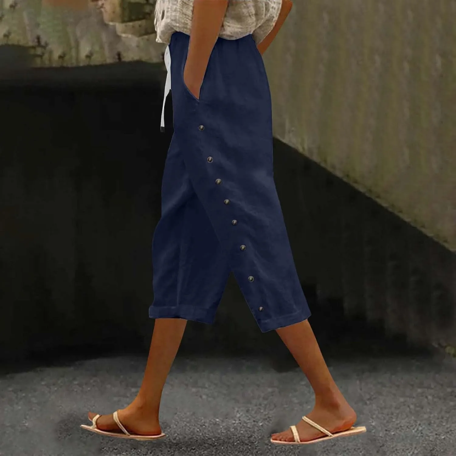 Cotton Linen Pants Women Cotton Linen Elastic Seven Pants Beach Casual Pants Linen Casual Elastic Waist Comfy Trousers
