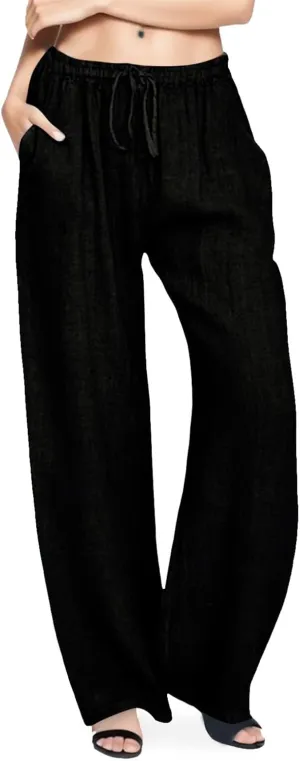 Cotton Linen Pants Women Drawstring High Waisted Plus Size Casual Loose Fit Wide Leg Summer Trousers with Pockets