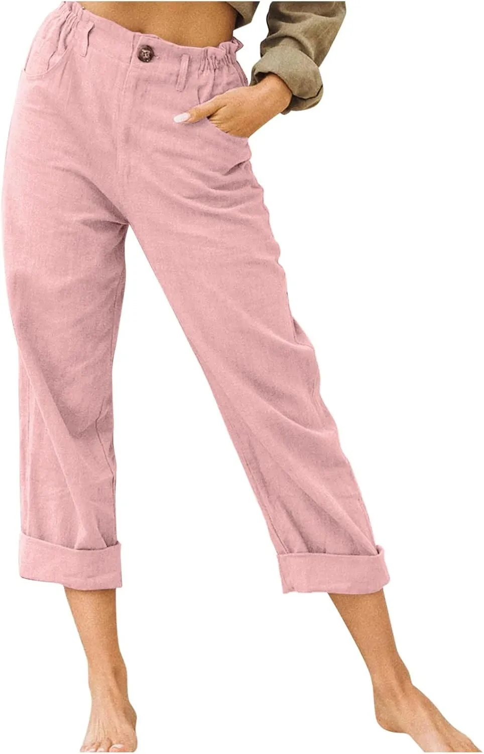 Cotton Linen Pants Women Elastic High Waist Solid Casual Baggy Trousers Straight Leg Comfy Summer Pants with Pockets