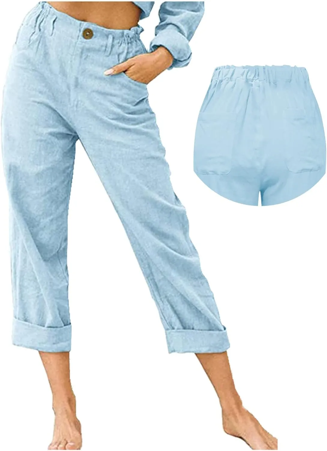 Cotton Linen Pants Women Elastic High Waist Solid Casual Baggy Trousers Straight Leg Comfy Summer Pants with Pockets