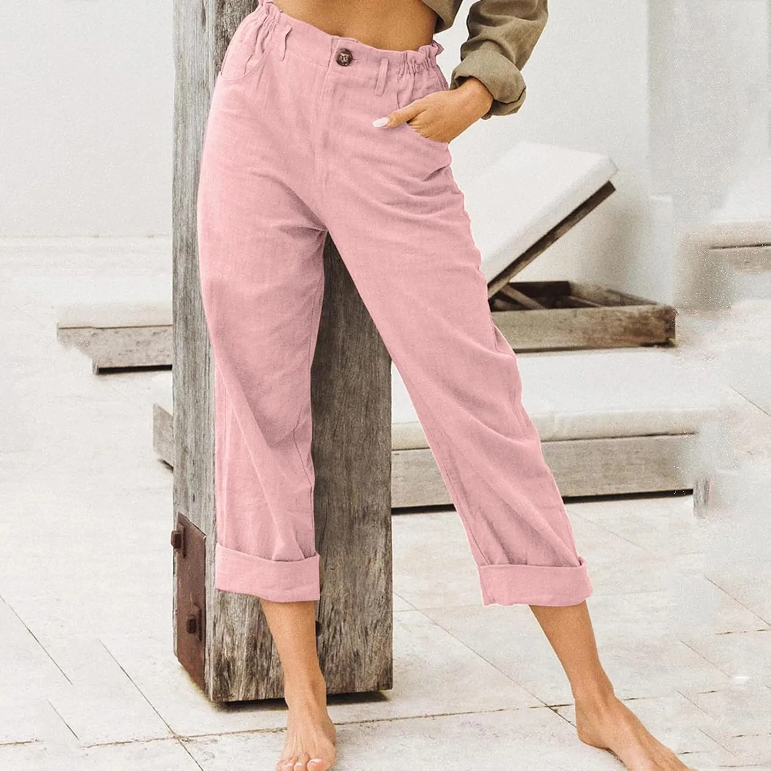 Cotton Linen Pants Women Elastic High Waist Solid Casual Baggy Trousers Straight Leg Comfy Summer Pants with Pockets