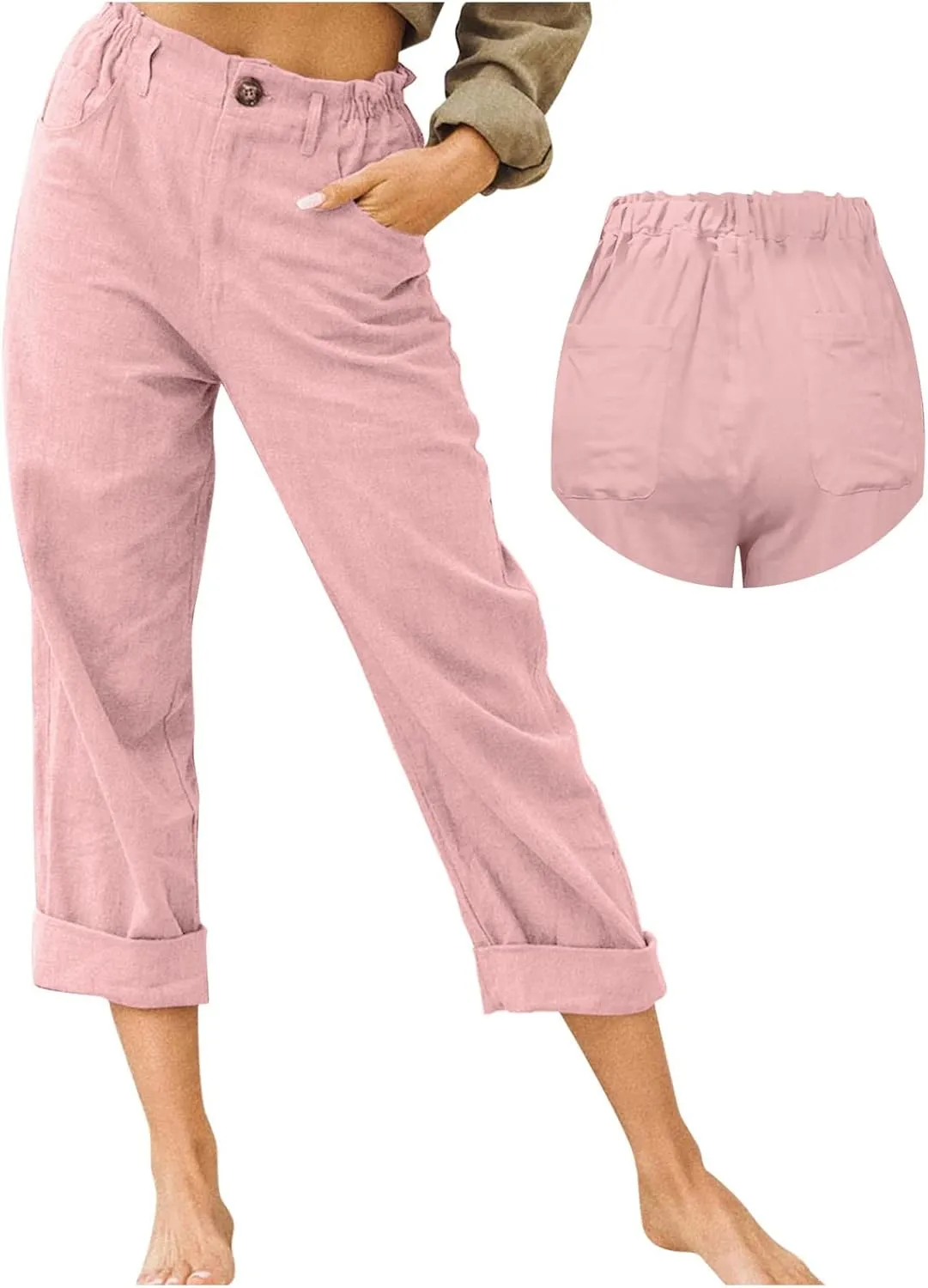 Cotton Linen Pants Women Elastic High Waist Solid Casual Baggy Trousers Straight Leg Comfy Summer Pants with Pockets