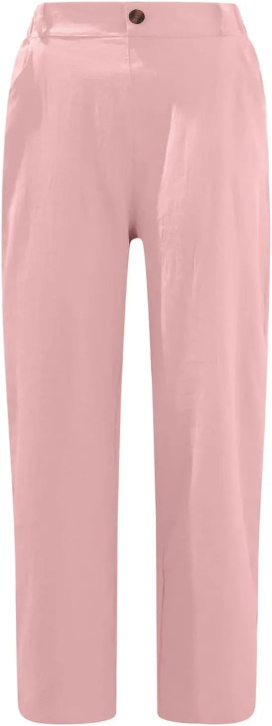 Cotton Linen Pants Women Elastic High Waist Solid Casual Baggy Trousers Straight Leg Comfy Summer Pants with Pockets