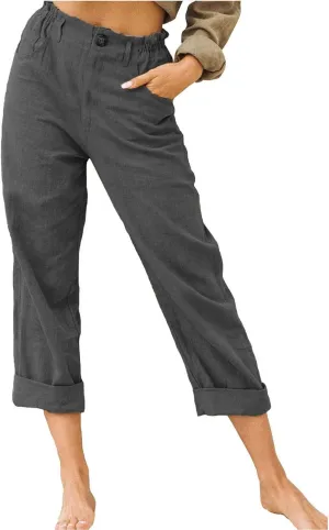 Cotton Linen Pants Women Elastic High Waist Solid Casual Baggy Trousers Straight Leg Comfy Summer Pants with Pockets