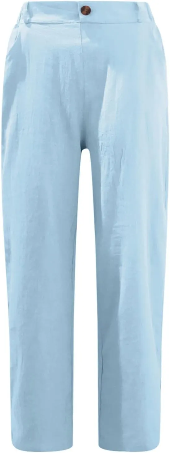 Cotton Linen Pants Women Elastic High Waist Solid Casual Baggy Trousers Straight Leg Comfy Summer Pants with Pockets