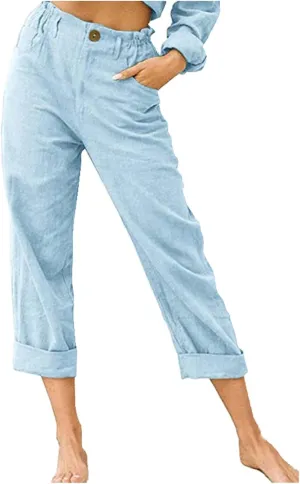 Cotton Linen Pants Women Elastic High Waist Solid Casual Baggy Trousers Straight Leg Comfy Summer Pants with Pockets