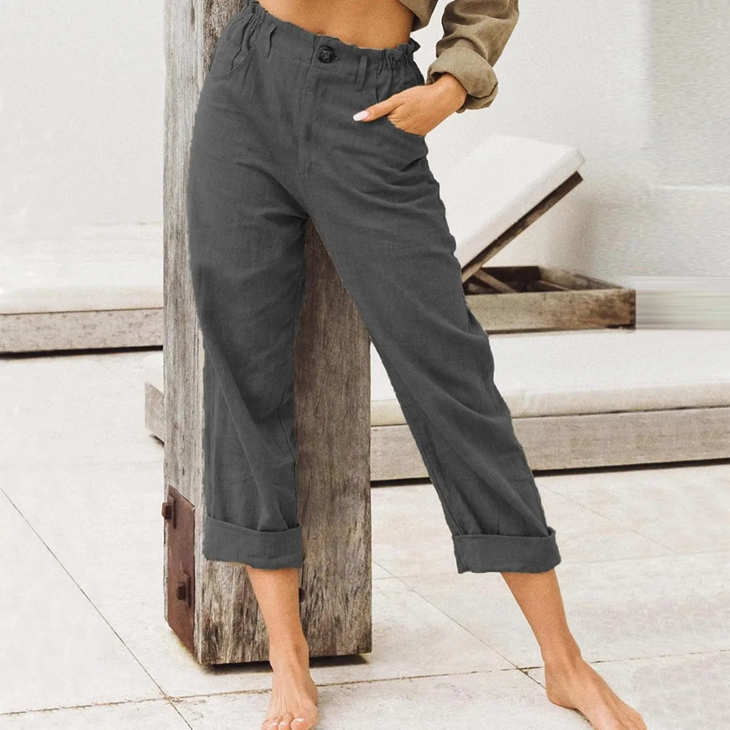 Cotton Linen Pants Women Elastic High Waist Solid Casual Baggy Trousers Straight Leg Comfy Summer Pants with Pockets