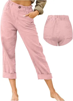 Cotton Linen Pants Women Elastic High Waist Solid Casual Baggy Trousers Straight Leg Comfy Summer Pants with Pockets