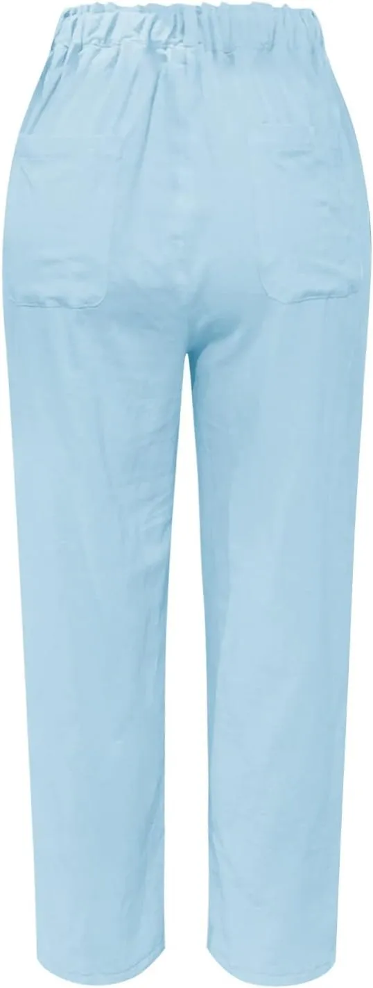 Cotton Linen Pants Women Elastic High Waist Solid Casual Baggy Trousers Straight Leg Comfy Summer Pants with Pockets