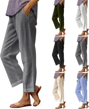 Cotton Linen Pants Women Summer Casual Boho Straight Leg Beach Pants Lightweight Quick Dry Vacation Trouser with Pockets