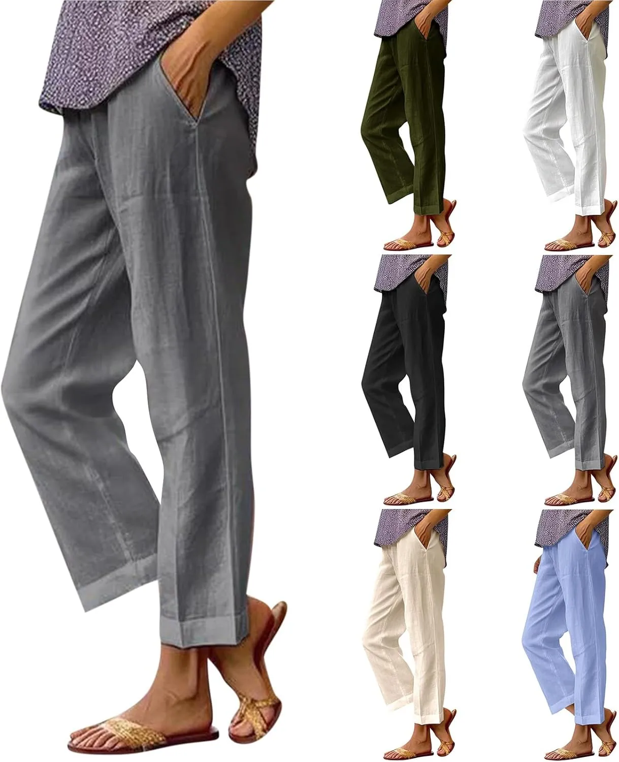 Cotton Linen Pants Women Summer Casual Boho Straight Leg Beach Pants Lightweight Quick Dry Vacation Trouser with Pockets