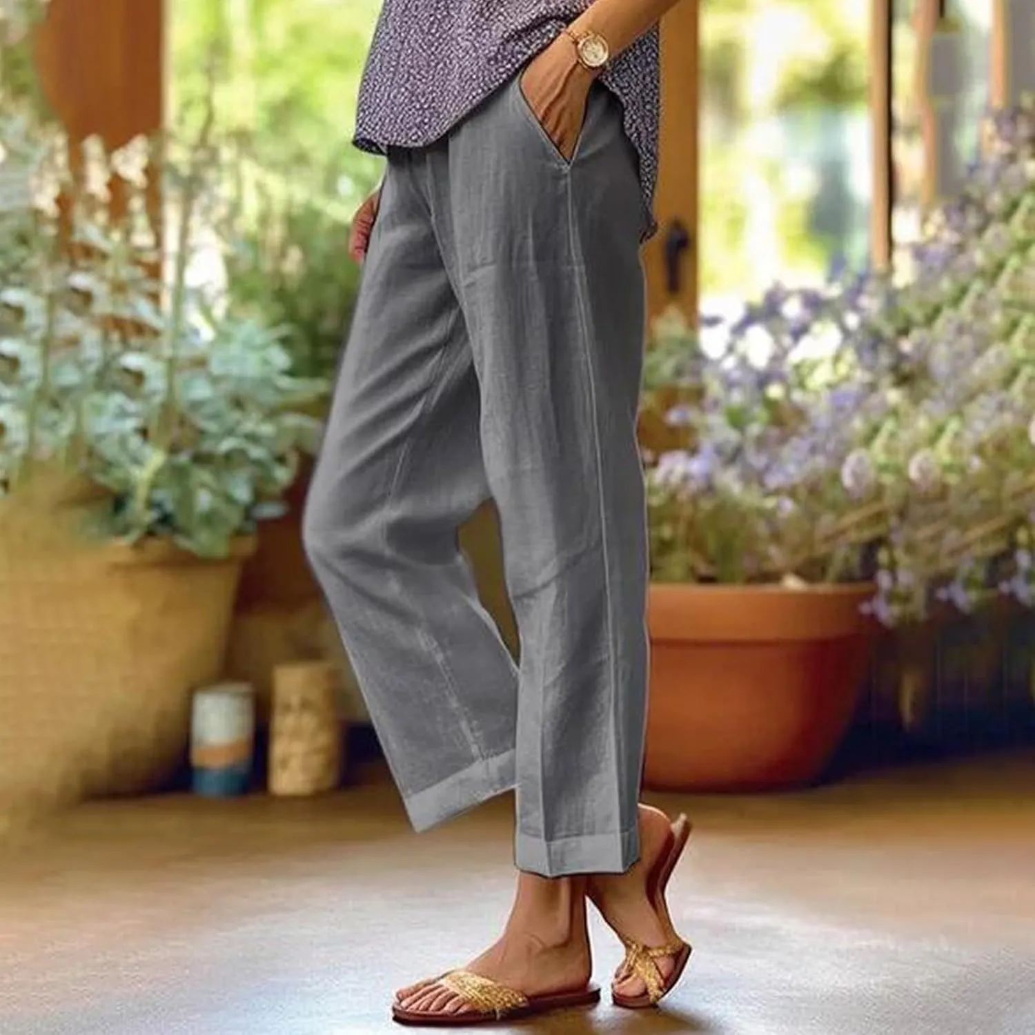Cotton Linen Pants Women Summer Casual Boho Straight Leg Beach Pants Lightweight Quick Dry Vacation Trouser with Pockets