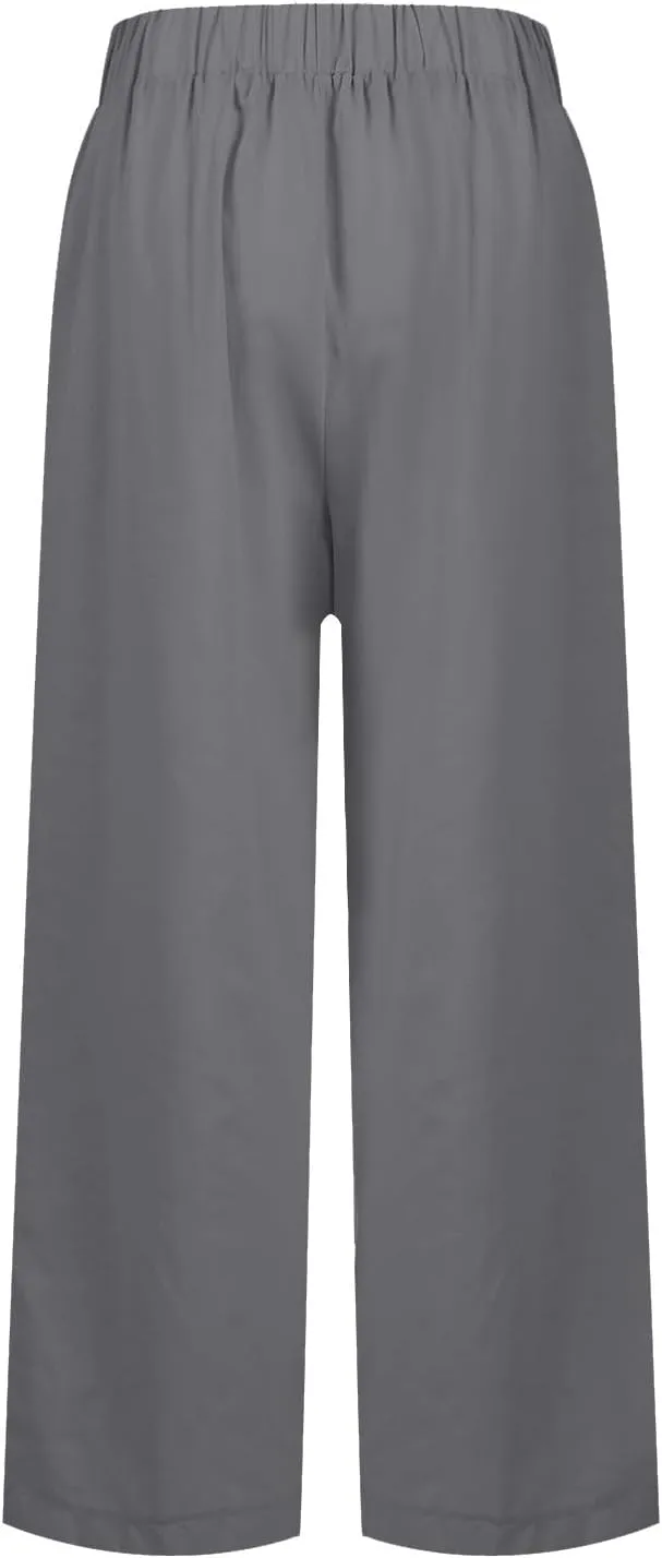 Cotton Linen Pants Women Summer Casual Boho Straight Leg Beach Pants Lightweight Quick Dry Vacation Trouser with Pockets