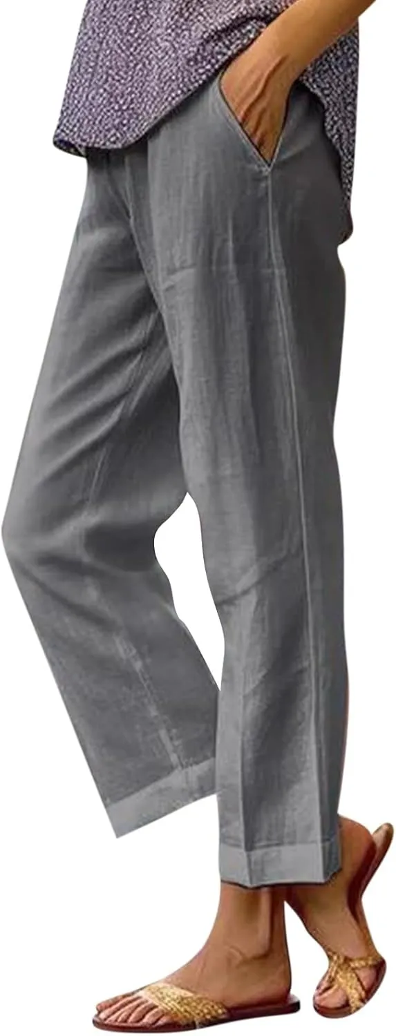 Cotton Linen Pants Women Summer Casual Boho Straight Leg Beach Pants Lightweight Quick Dry Vacation Trouser with Pockets
