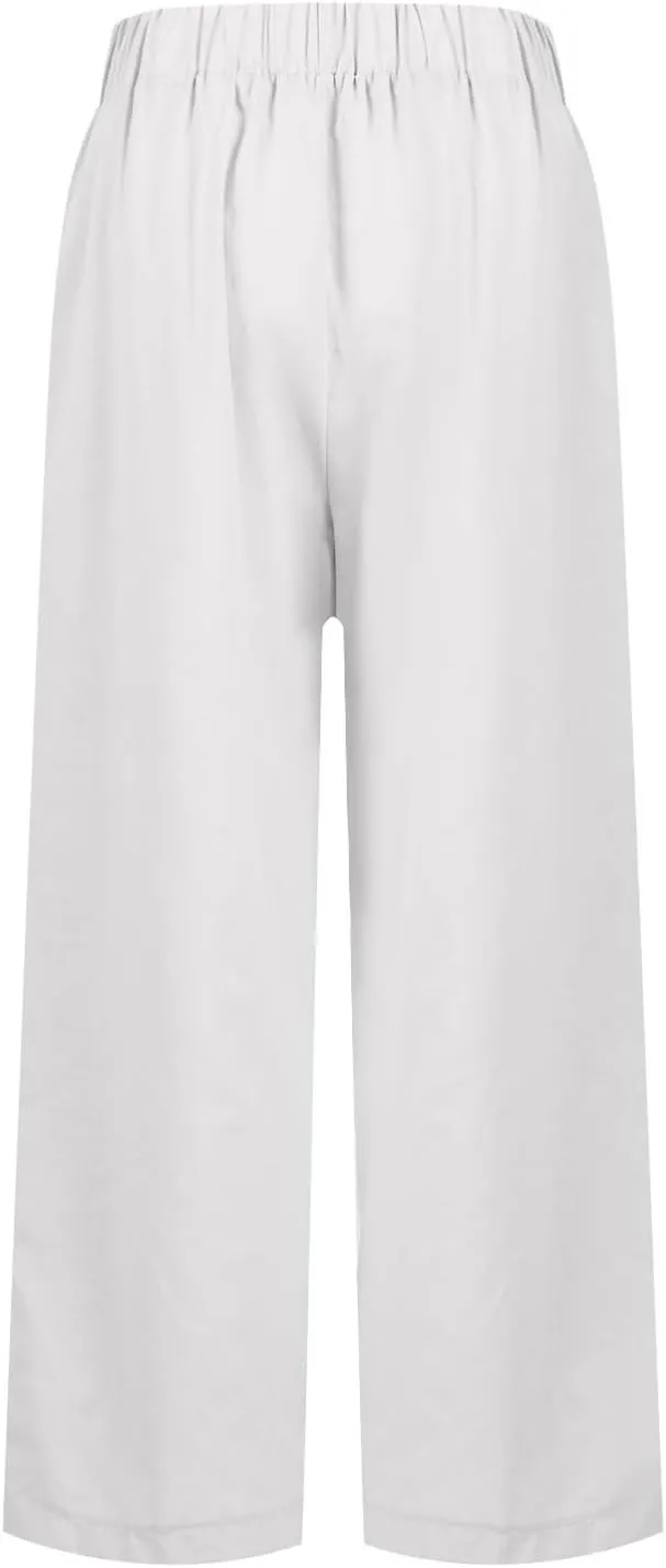 Cotton Linen Pants Women Summer Elastic Straight Leg Pants Plus Size Wide Leg Crop Pants Beach Trousers with Pockets