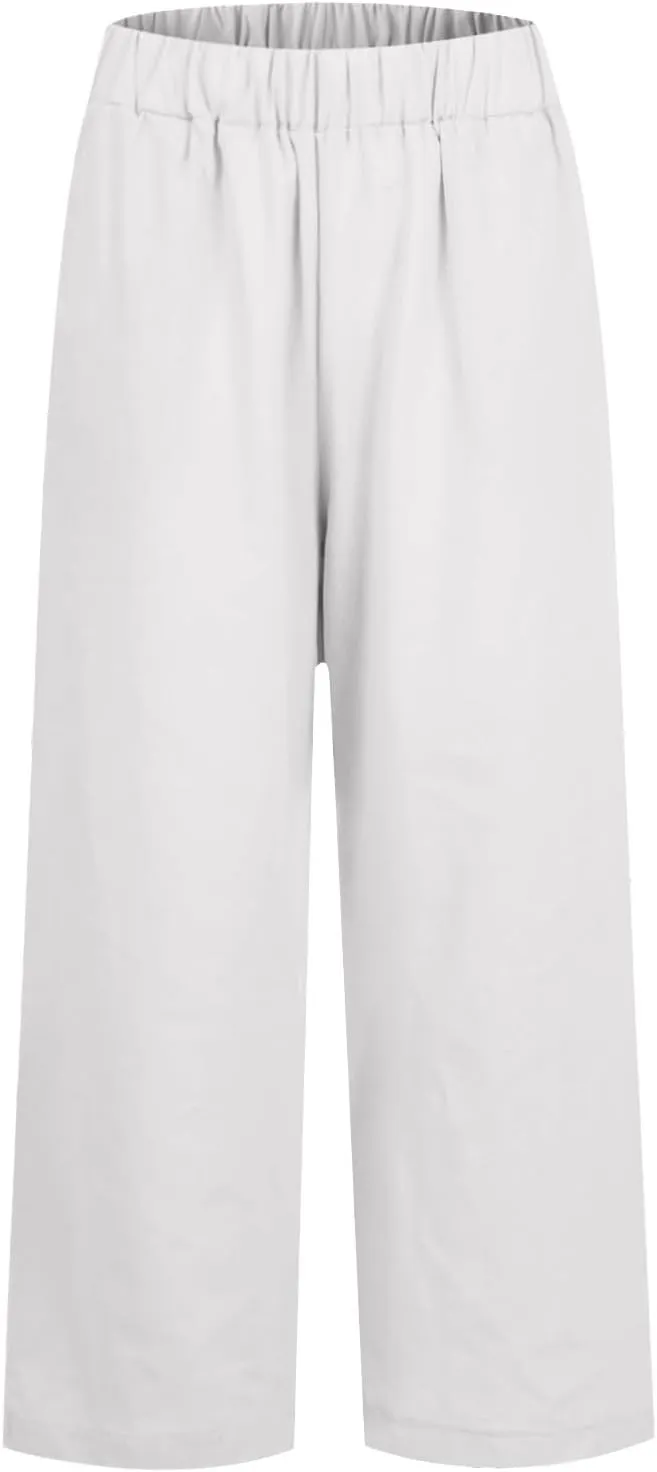 Cotton Linen Pants Women Summer Elastic Straight Leg Pants Plus Size Wide Leg Crop Pants Beach Trousers with Pockets