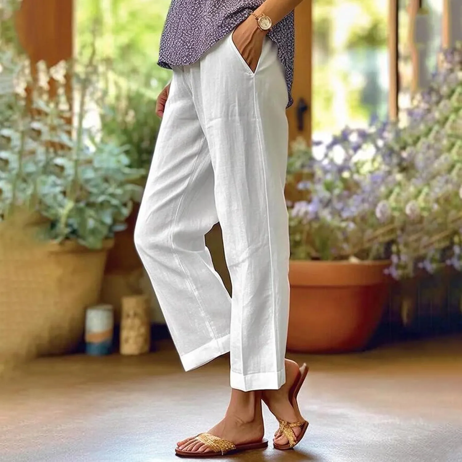 Cotton Linen Pants Women Summer Elastic Straight Leg Pants Plus Size Wide Leg Crop Pants Beach Trousers with Pockets