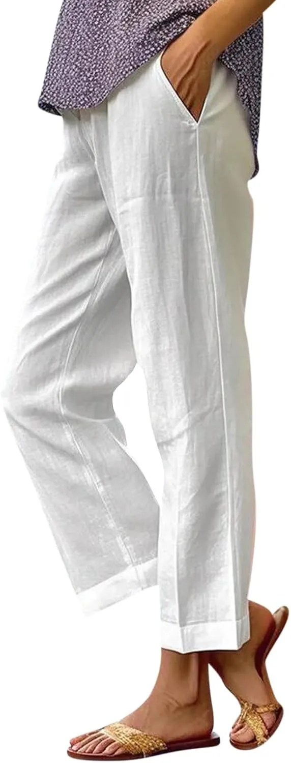 Cotton Linen Pants Women Summer Elastic Straight Leg Pants Plus Size Wide Leg Crop Pants Beach Trousers with Pockets
