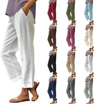 Cotton Linen Pants Women Summer Elastic Straight Leg Pants Plus Size Wide Leg Crop Pants Beach Trousers with Pockets
